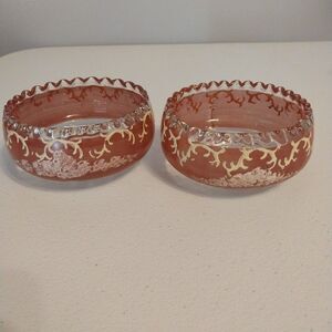Vintage Glass Bowls Hand Painted Scalloped Edge Small Pedestal Dishes Decorative